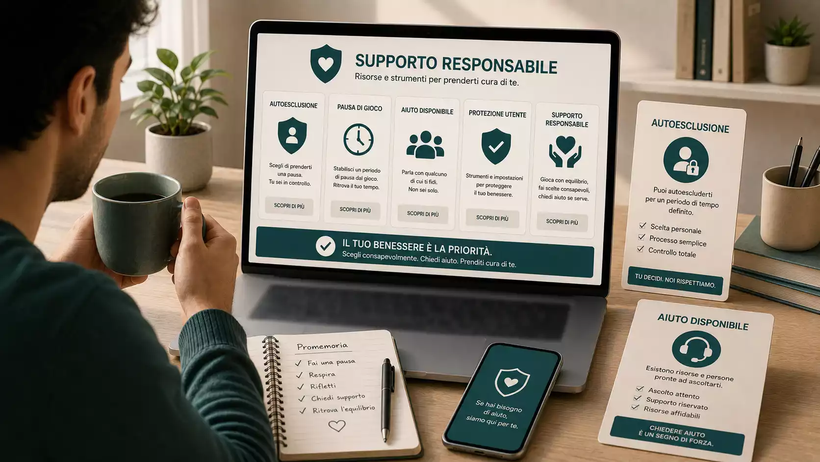 Persona che consulta risorse di aiuto e strumenti di autoesclusione in modo tranquillo
