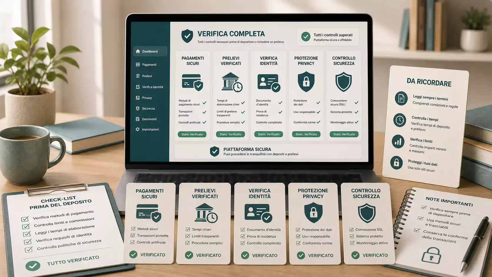 Checklist chiara con pagamenti, verifica identità, privacy e prelievi da controllare