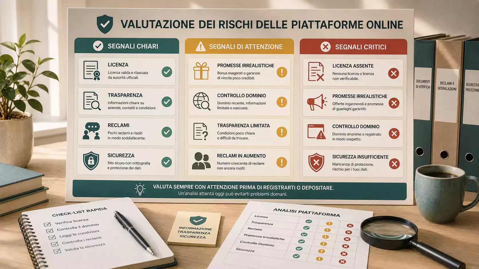 Mappa visiva dei segnali di rischio con promesse, documenti e reclami da valutare
