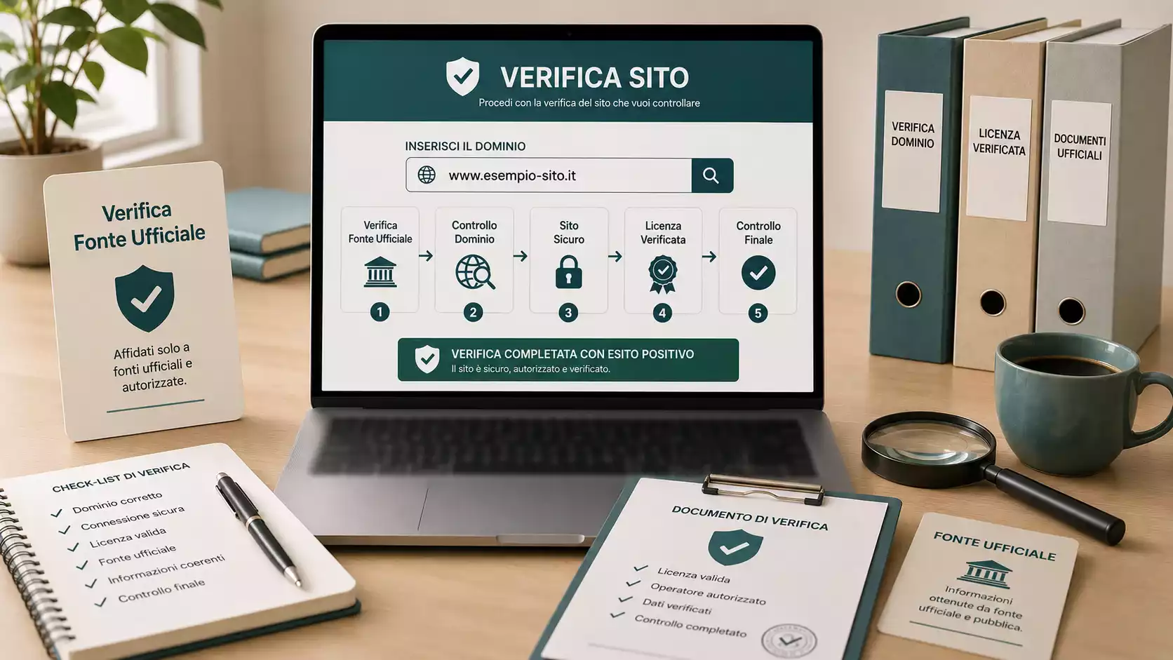 Schermata editoriale astratta con controlli ufficiali e documenti verificati
